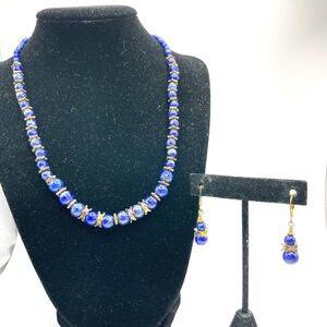 Stauer Signed Lapis Lazuli Gemstone Bead Necklace Earring Set w Box